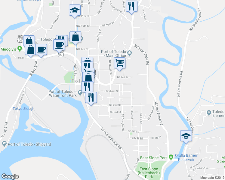 map of restaurants, bars, coffee shops, grocery stores, and more near 330 East Graham Street in Toledo