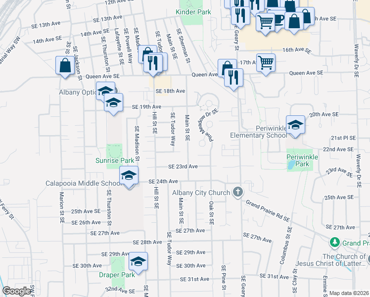 map of restaurants, bars, coffee shops, grocery stores, and more near 2128 Main Street Southeast in Albany