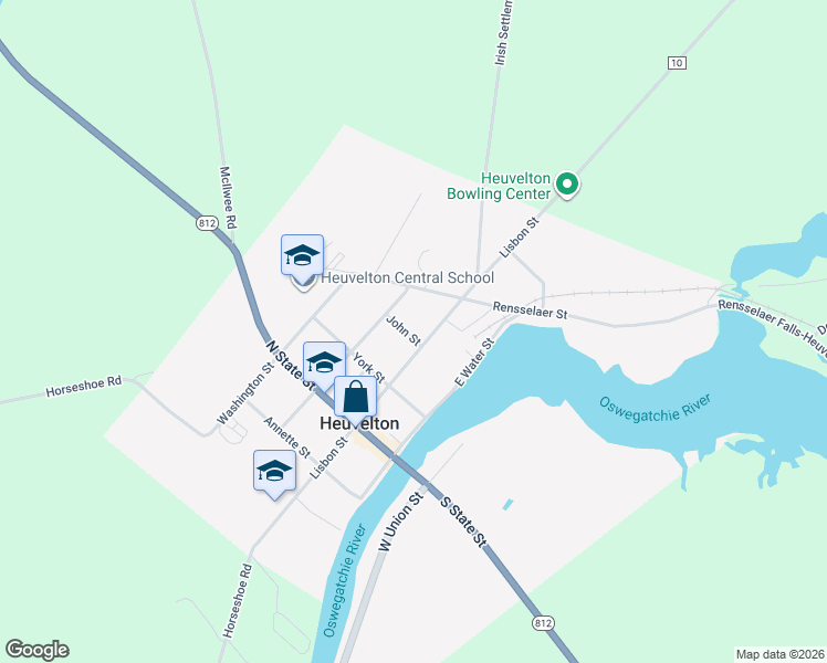 map of restaurants, bars, coffee shops, grocery stores, and more near 13 John Street in Heuvelton