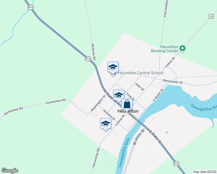 map of restaurants, bars, coffee shops, grocery stores, and more near 70-86 E Washington St in Heuvelton