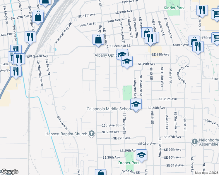 map of restaurants, bars, coffee shops, grocery stores, and more near 2168 Southeast Jackson Street in Albany