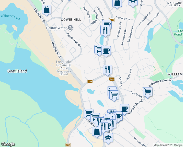 map of restaurants, bars, coffee shops, grocery stores, and more near 6 Dobbin Lane in Halifax