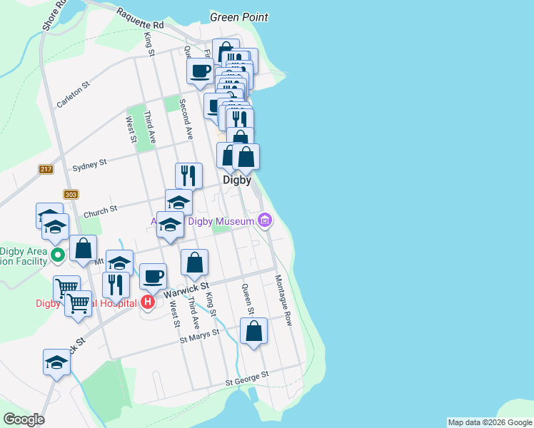 map of restaurants, bars, coffee shops, grocery stores, and more near 108 Montague Row in Digby
