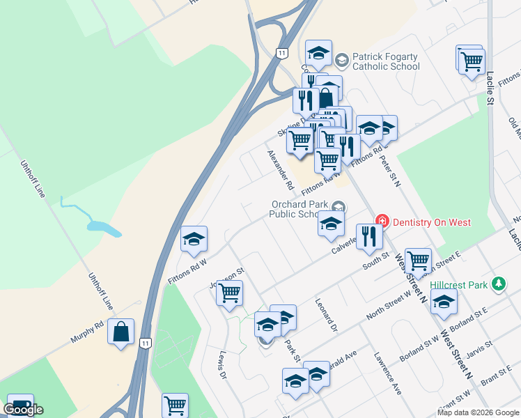 map of restaurants, bars, coffee shops, grocery stores, and more near 54 Fittons Road West in Orillia