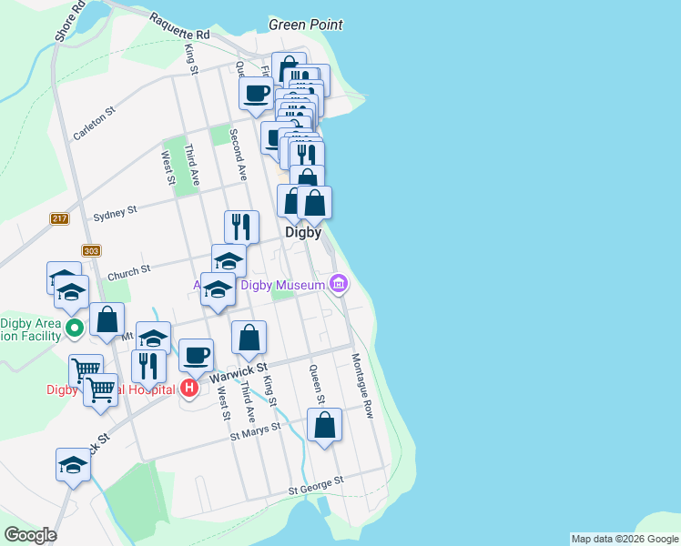 map of restaurants, bars, coffee shops, grocery stores, and more near 108 Montague Row in Digby
