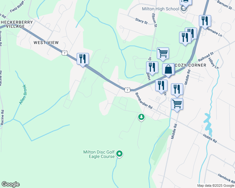 map of restaurants, bars, coffee shops, grocery stores, and more near 19 Willys Lane in Chittenden County