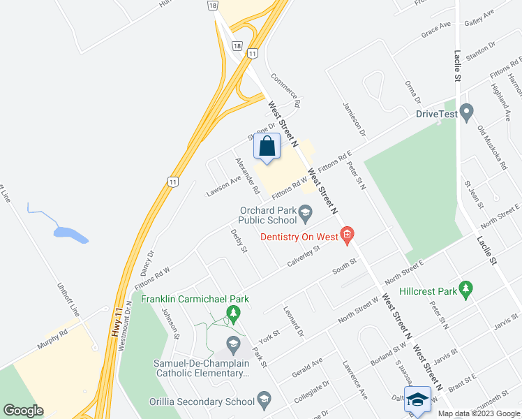 map of restaurants, bars, coffee shops, grocery stores, and more near 39 Fittons Road West in Orillia