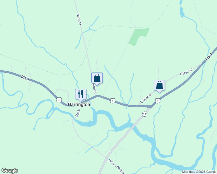 map of restaurants, bars, coffee shops, grocery stores, and more near 19 Forest Hill Road in Harrington