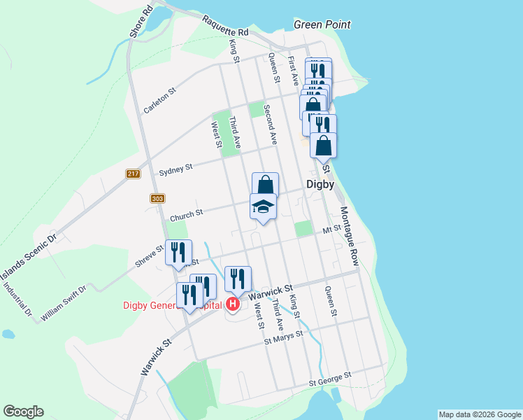 map of restaurants, bars, coffee shops, grocery stores, and more near 117 King Street in Digby