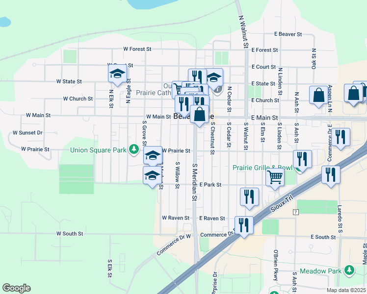 map of restaurants, bars, coffee shops, grocery stores, and more near 205 South Willow Street in Belle Plaine