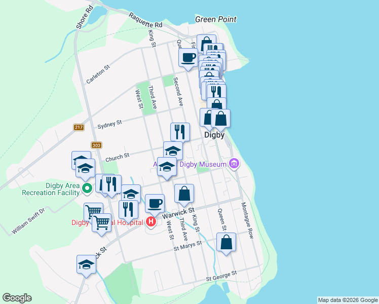 map of restaurants, bars, coffee shops, grocery stores, and more near 109 Second Avenue in Digby