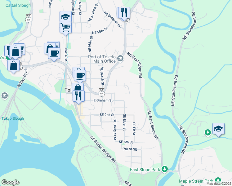 map of restaurants, bars, coffee shops, grocery stores, and more near 380 East Graham Street in Toledo