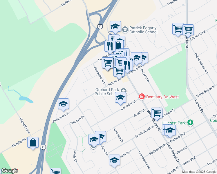 map of restaurants, bars, coffee shops, grocery stores, and more near 39 Fittons Road West in Orillia