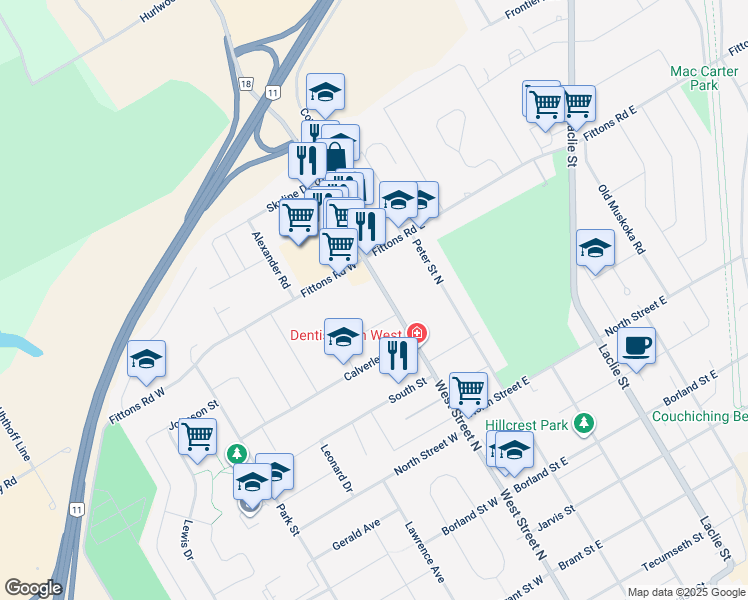 map of restaurants, bars, coffee shops, grocery stores, and more near 410 West Street North in Orillia