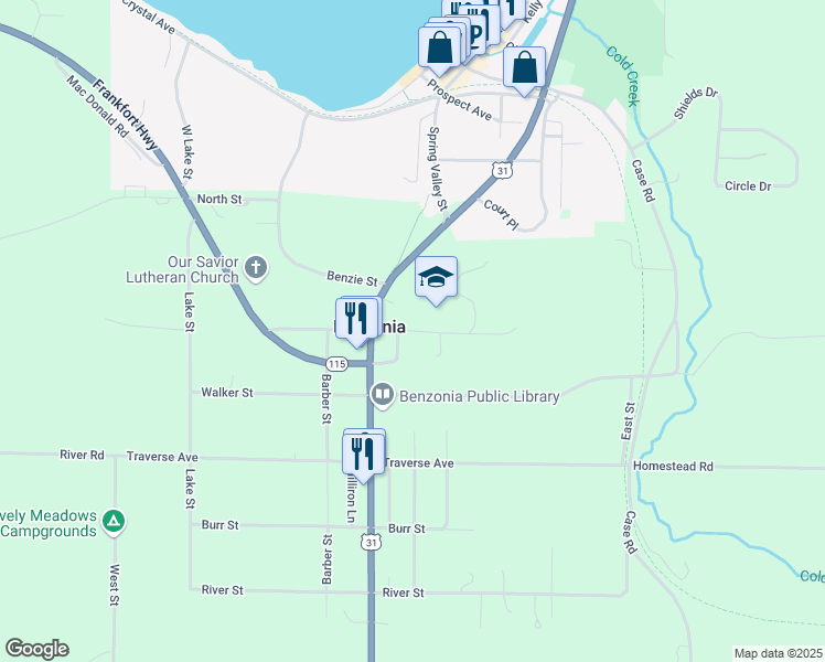 map of restaurants, bars, coffee shops, grocery stores, and more near Severance Street in Benzonia
