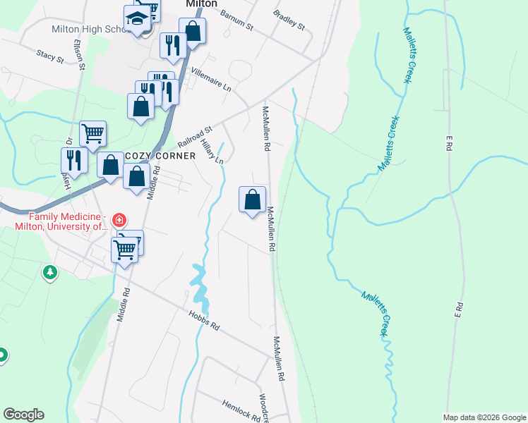 map of restaurants, bars, coffee shops, grocery stores, and more near 4 Hummingbird Lane in Milton