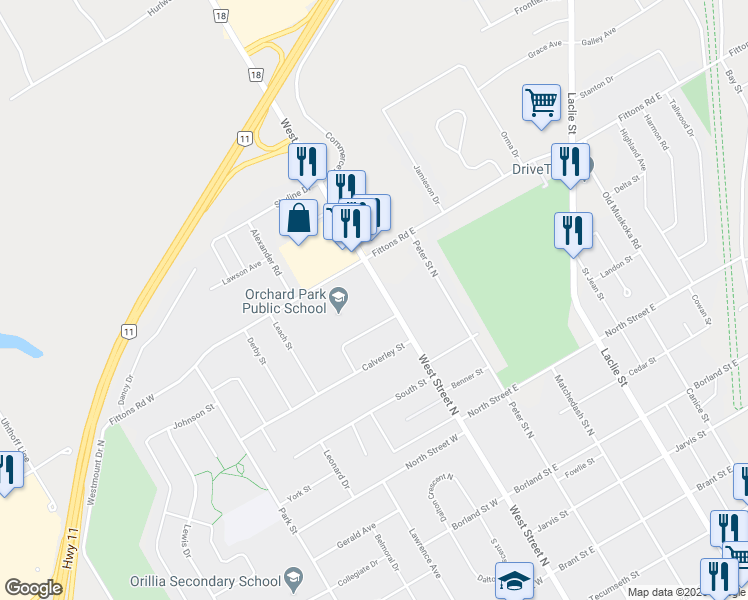 map of restaurants, bars, coffee shops, grocery stores, and more near 410 West Street North in Orillia