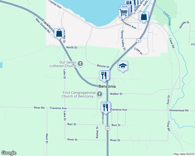 map of restaurants, bars, coffee shops, grocery stores, and more near Severance Street in Benzonia