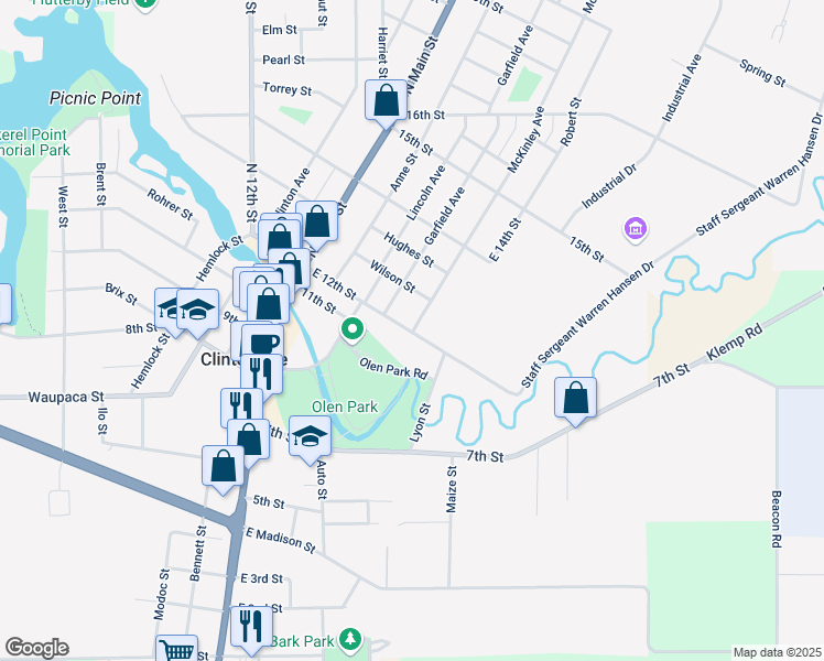 map of restaurants, bars, coffee shops, grocery stores, and more near 65 East 12th Street in Clintonville