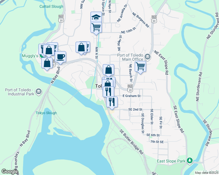 map of restaurants, bars, coffee shops, grocery stores, and more near 146 Northwest 2nd Street in Toledo