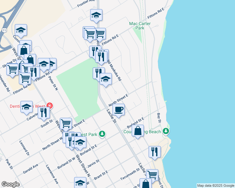 map of restaurants, bars, coffee shops, grocery stores, and more near 8 Kings Court in Orillia