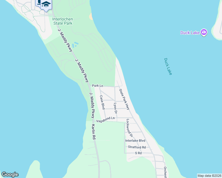 map of restaurants, bars, coffee shops, grocery stores, and more near 8868 Park Lane in Interlochen