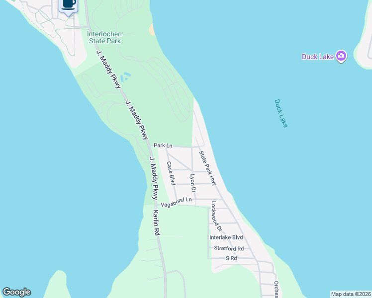 map of restaurants, bars, coffee shops, grocery stores, and more near 8868 Park Lane in Interlochen