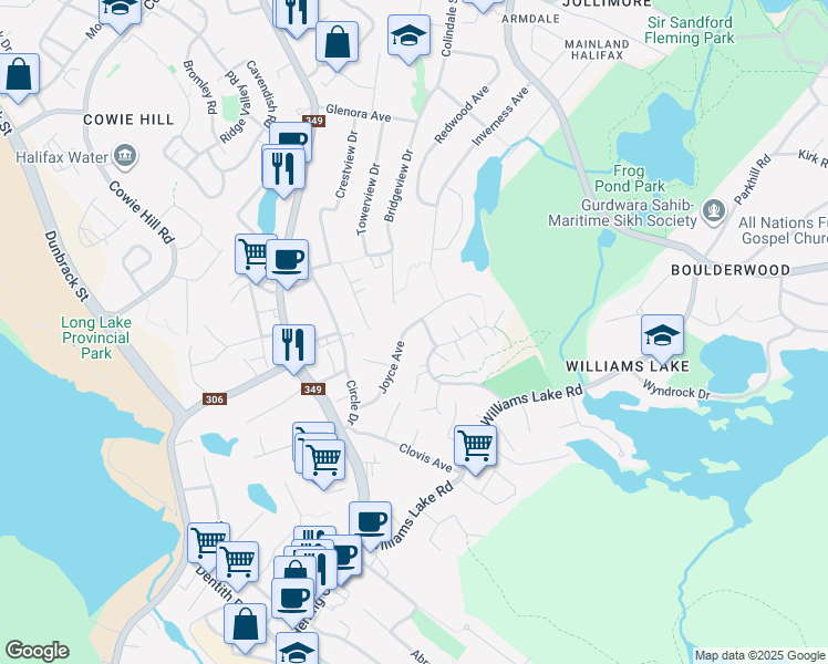 map of restaurants, bars, coffee shops, grocery stores, and more near 29 Joyce Avenue in Halifax