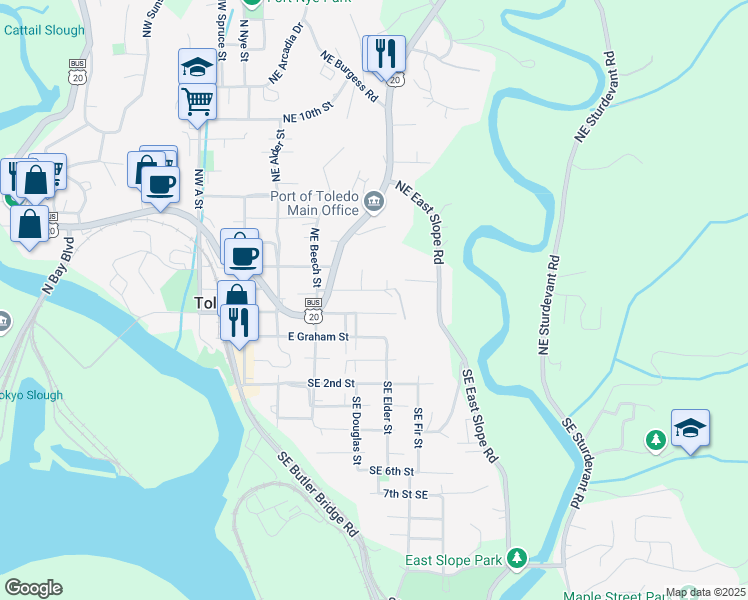 map of restaurants, bars, coffee shops, grocery stores, and more near 600-698 Northeast 2nd Street in Toledo