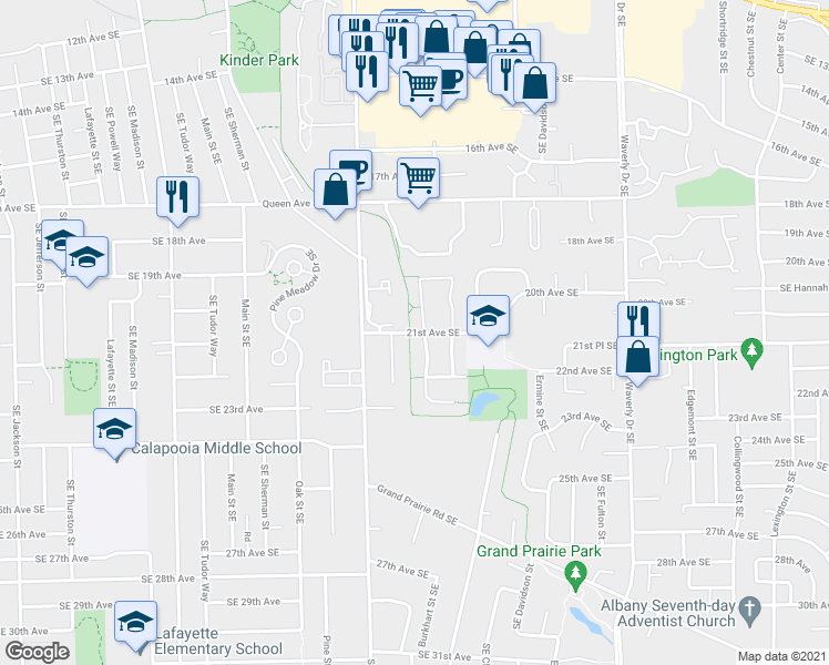 map of restaurants, bars, coffee shops, grocery stores, and more near 1955 21st Avenue Southeast in Albany