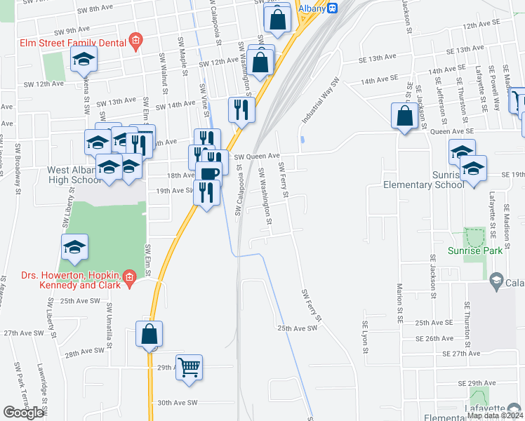 map of restaurants, bars, coffee shops, grocery stores, and more near 27th Avenue Southeast in Albany
