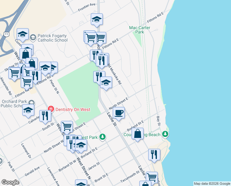 map of restaurants, bars, coffee shops, grocery stores, and more near 8 Kings Court in Orillia