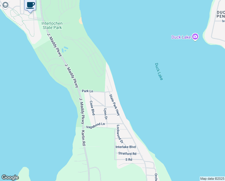map of restaurants, bars, coffee shops, grocery stores, and more near 4498 Lake Avenue in Interlochen