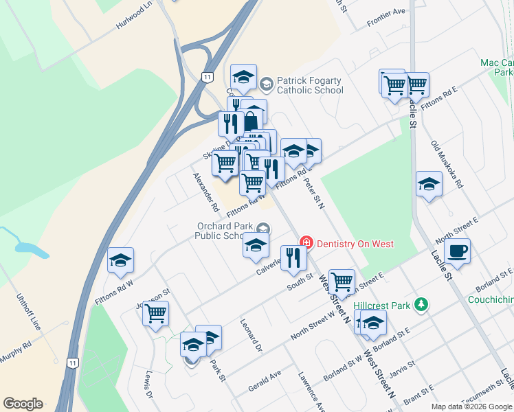 map of restaurants, bars, coffee shops, grocery stores, and more near 11 Fittons Road West in Orillia