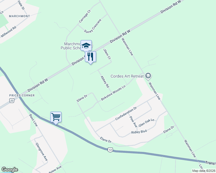 map of restaurants, bars, coffee shops, grocery stores, and more near 2113 Abbey Road in Orillia