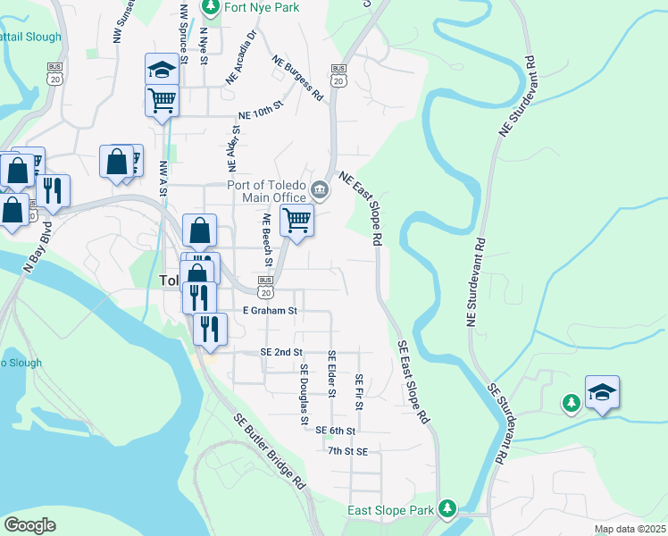 map of restaurants, bars, coffee shops, grocery stores, and more near 698 Northeast 2nd Street in Toledo