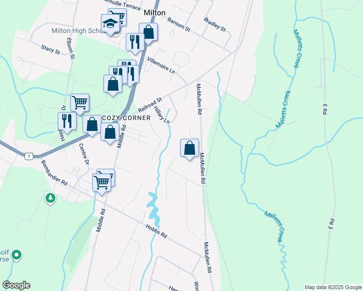 map of restaurants, bars, coffee shops, grocery stores, and more near 16 Hummingbird Lane in Chittenden County