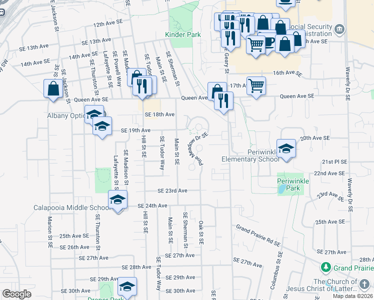 map of restaurants, bars, coffee shops, grocery stores, and more near 1780 Pine Meadow Drive Southeast in Albany