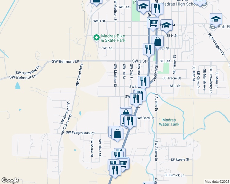 map of restaurants, bars, coffee shops, grocery stores, and more near 996 Southwest Madison Street in Madras