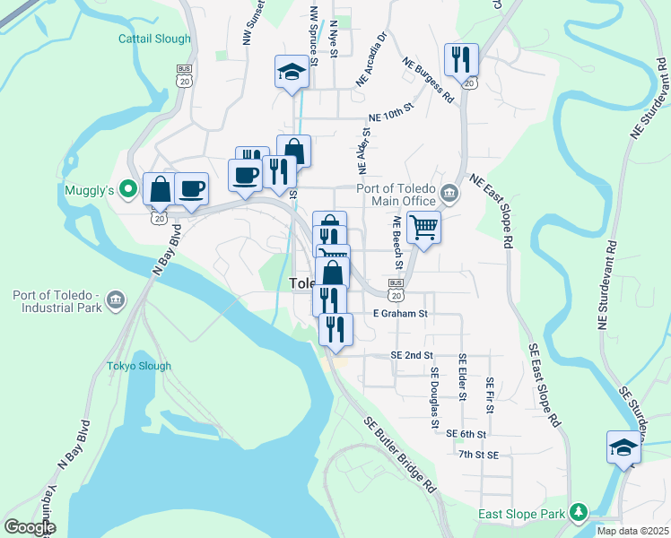 map of restaurants, bars, coffee shops, grocery stores, and more near 100-146 NW 2nd St in Toledo