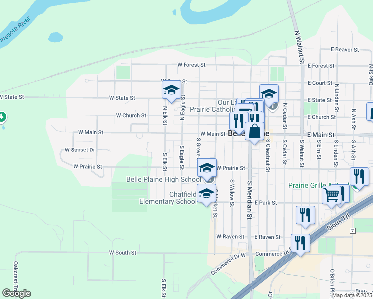 map of restaurants, bars, coffee shops, grocery stores, and more near 119 South Eagle Street in Belle Plaine