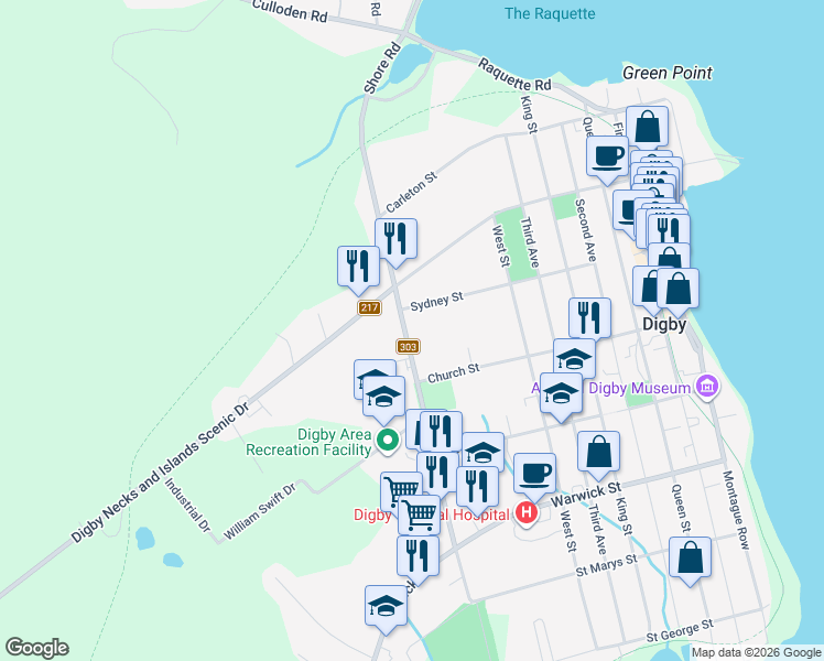 map of restaurants, bars, coffee shops, grocery stores, and more near 142 Victoria Street in Digby