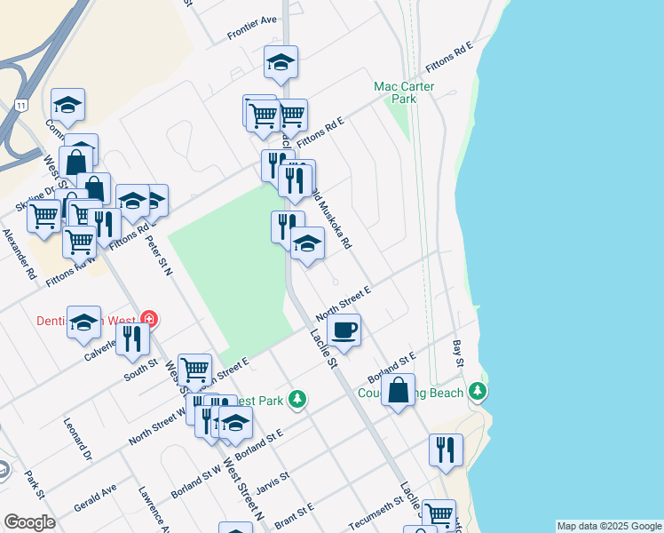 map of restaurants, bars, coffee shops, grocery stores, and more near 8 Kings Court in Orillia