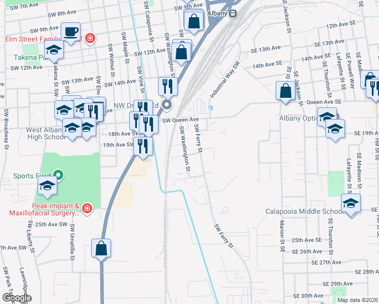 map of restaurants, bars, coffee shops, grocery stores, and more near 455 20th Avenue Southwest in Albany
