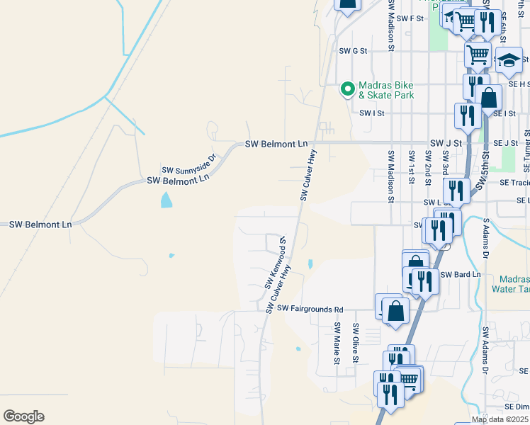 map of restaurants, bars, coffee shops, grocery stores, and more near 961 Southwest Willow Street in Madras