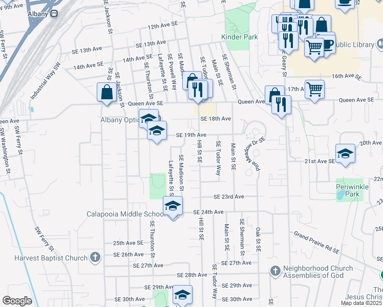 map of restaurants, bars, coffee shops, grocery stores, and more near 2021 Southeast Madison Street in Albany