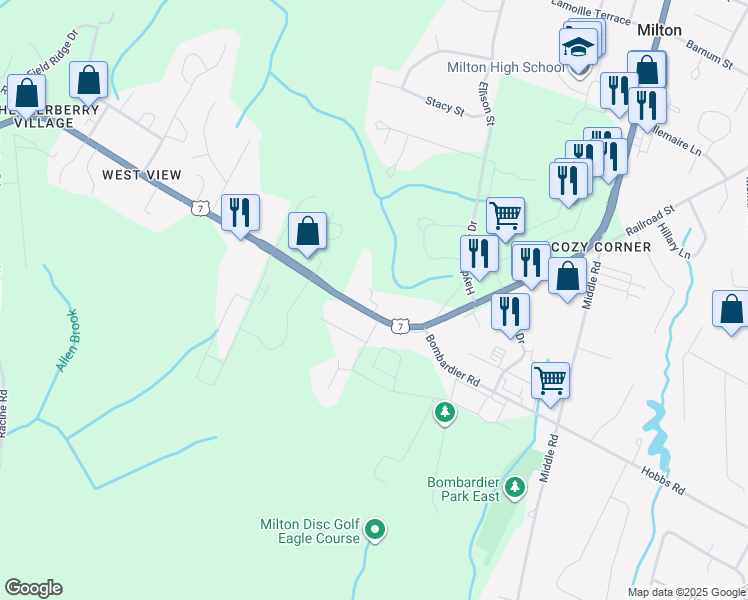 map of restaurants, bars, coffee shops, grocery stores, and more near 6 Merrill Lane in Chittenden County