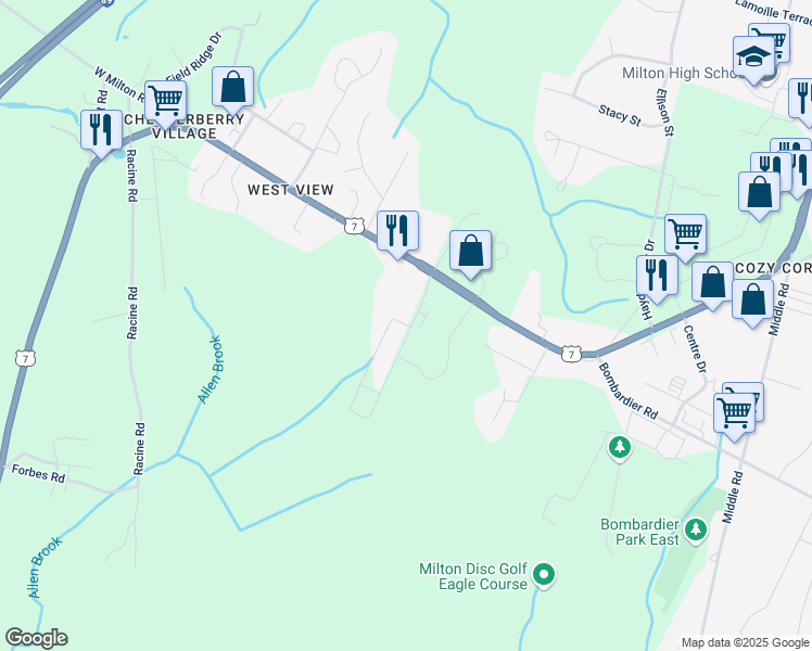 map of restaurants, bars, coffee shops, grocery stores, and more near Green Street in Chittenden County