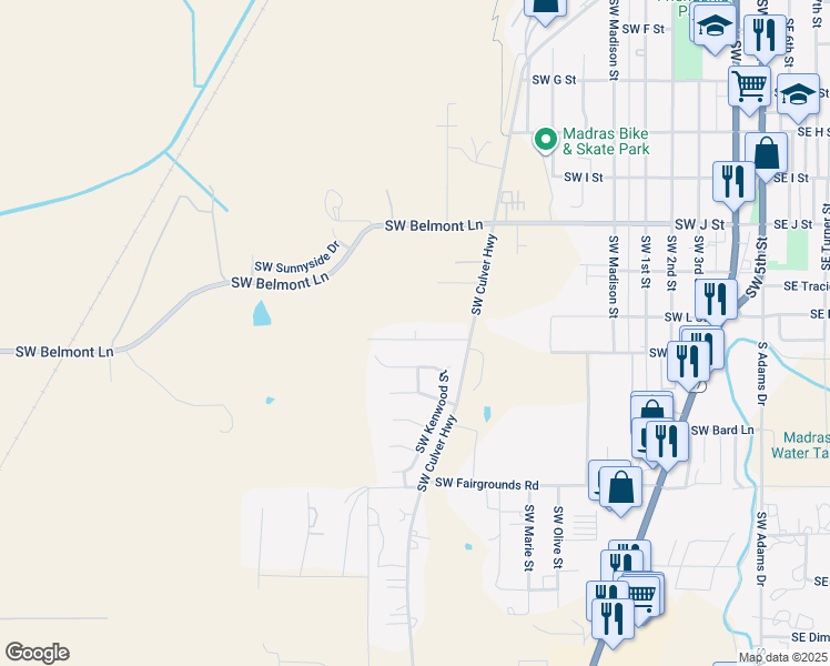 map of restaurants, bars, coffee shops, grocery stores, and more near 961 Southwest Willow Street in Madras