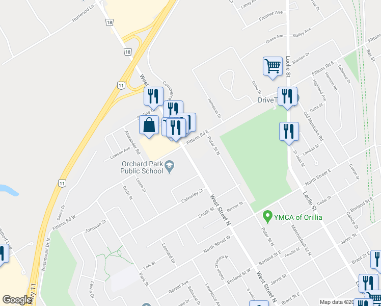 map of restaurants, bars, coffee shops, grocery stores, and more near 410 West Street North in Orillia